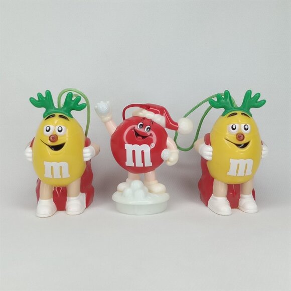Vintage Christmas Ornament Set Of 3 M&Ms Yellow & Red Plastic 1990s - Picture 2 of 10